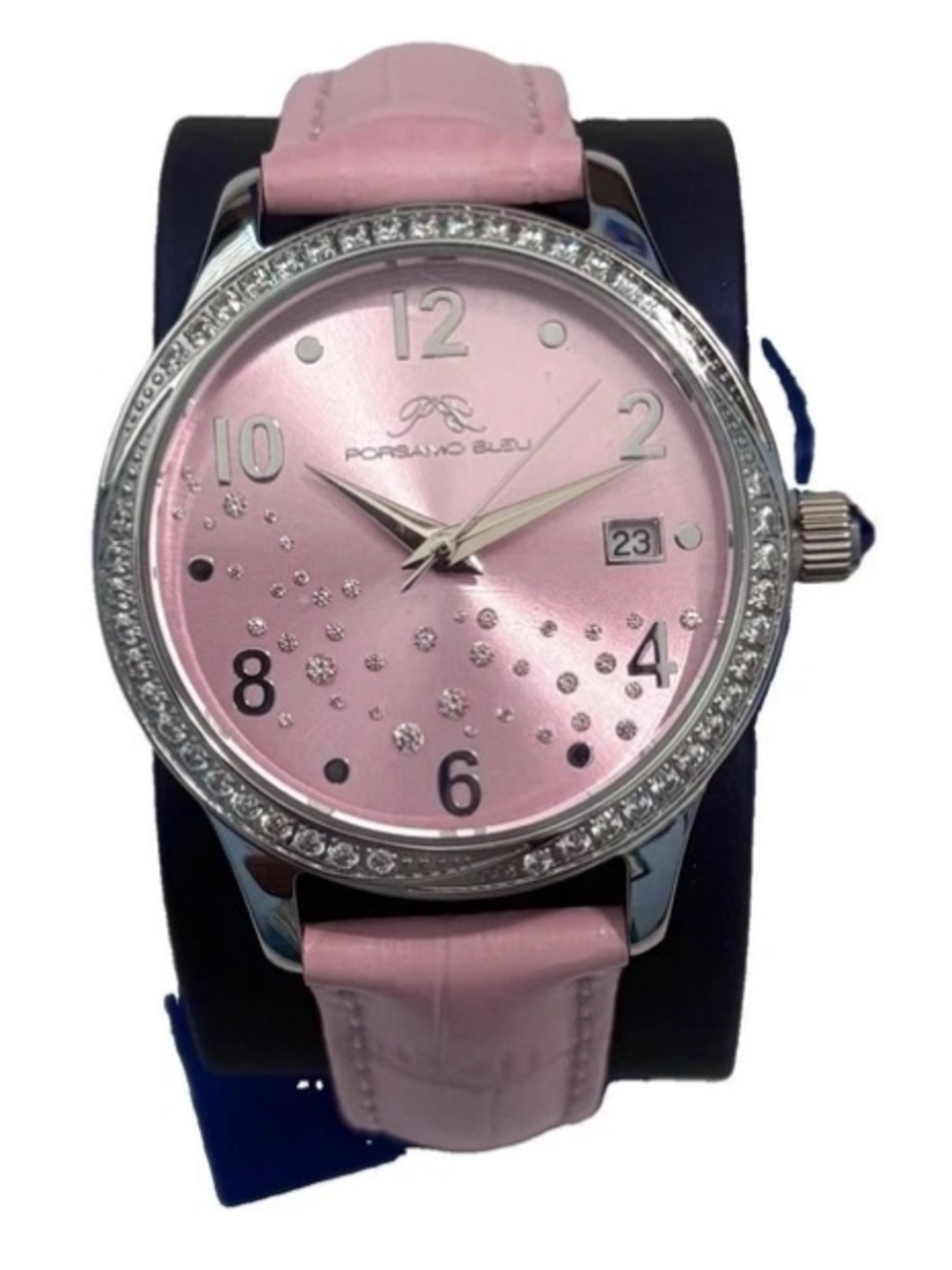 Porsamo Bleu Women’s Ruby Pink Embossed Leather Crystal Embellished 34mm Watch